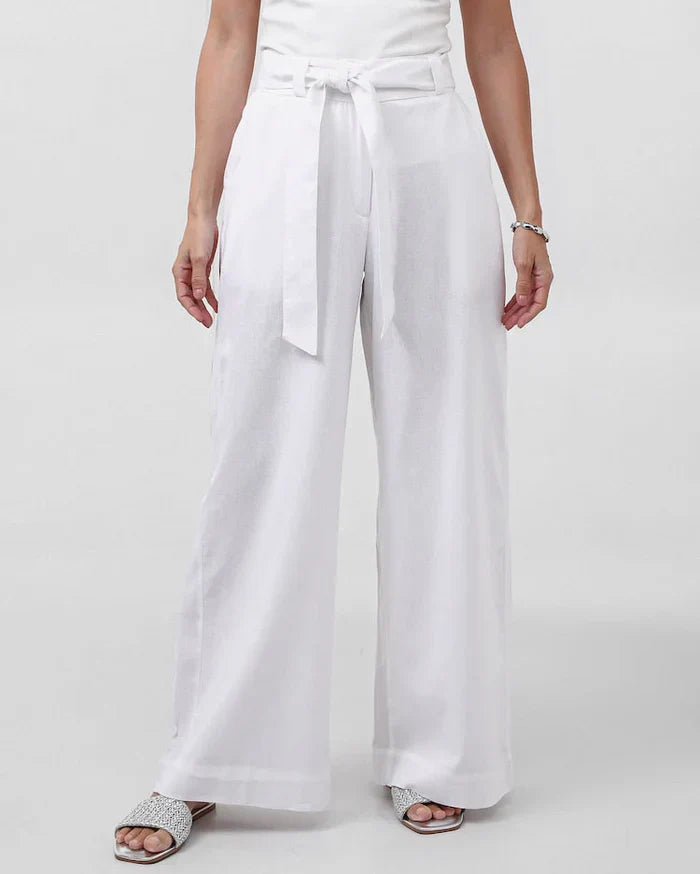 Calça Feminina Pantalona de Viscolinho com Faixa Branca