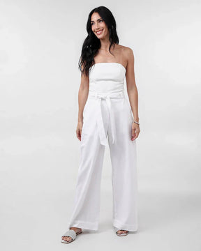 Calça Feminina Pantalona de Viscolinho com Faixa Branca